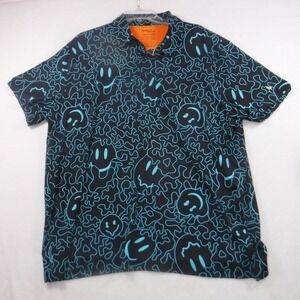 Birdie Bound Men 2XL Polo Shirt Black Teal Smiley Face Abstract Golf Performance